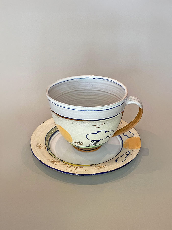 Große Tasse mit Untersetzer mit Keramik Oderbruch Dekor